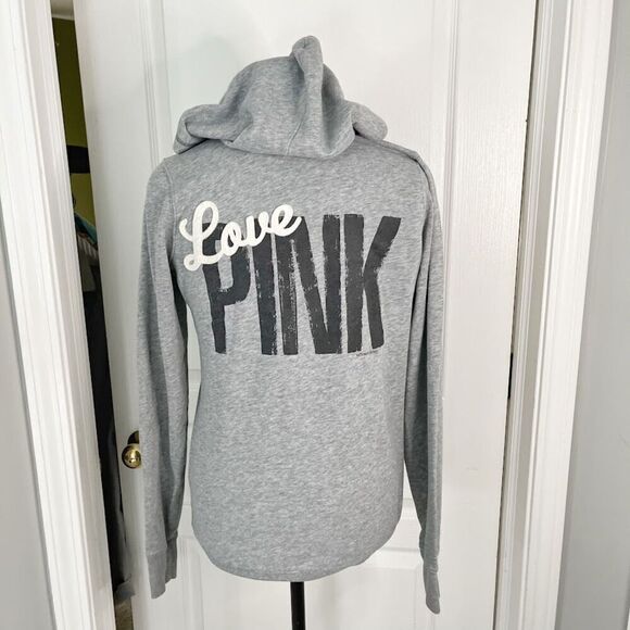 Pink Victoria Secret Lightweight V Neck Spell Out Logo Pocket Pullover Hoodie - Picture 1 of 12